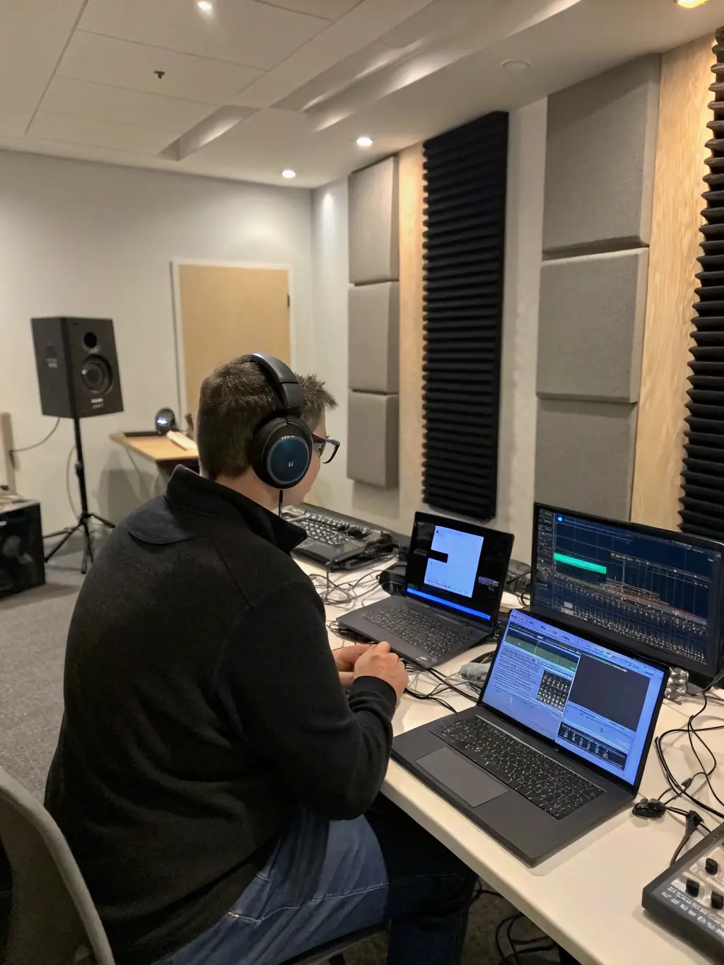 An image of a sound research lab, with equipment and researchers experimenting with sound waves, illustrating the studio's dedication to sound research and innovation.