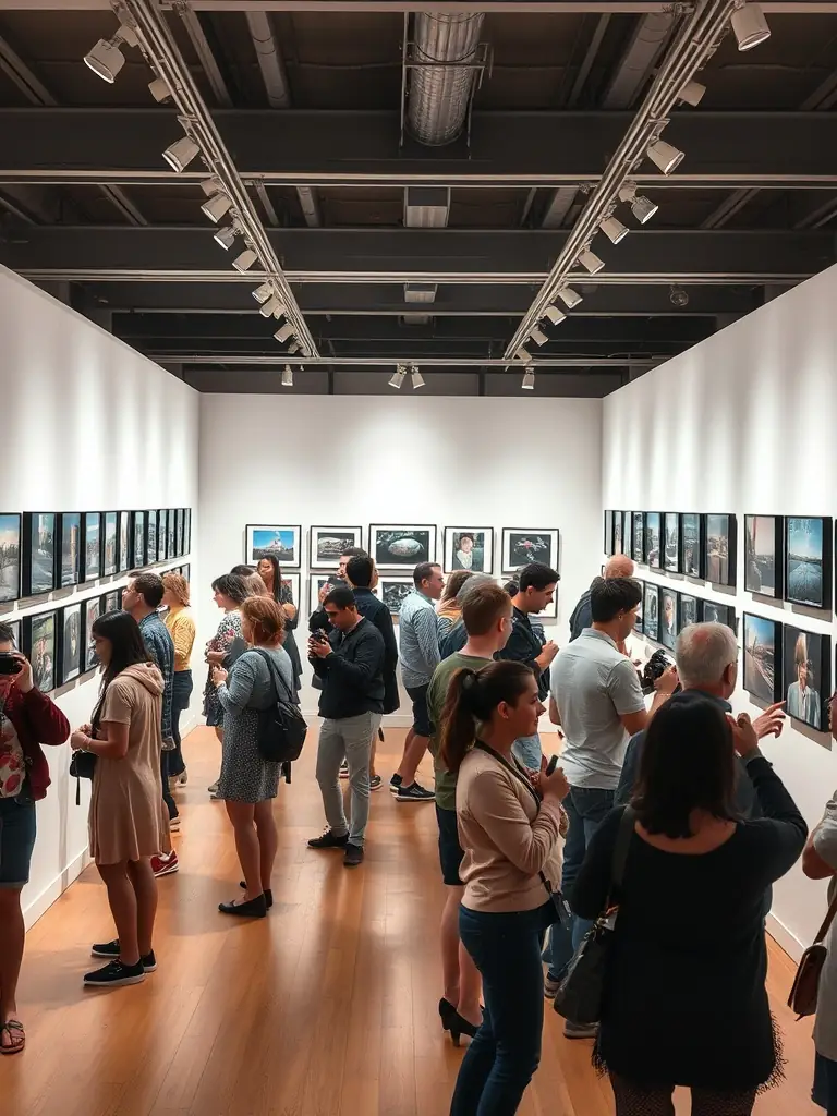 A dynamic image of a photography exhibition featuring diverse photographic works, highlighting the studio's support for photographic arts and showcasing emerging talents.