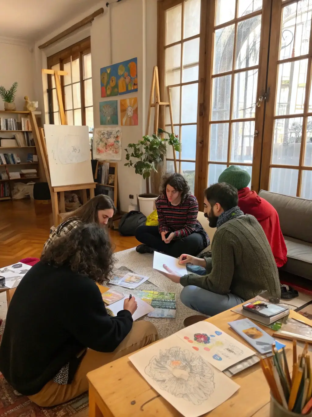 A vibrant photograph capturing a visual arts workshop in progress, with participants actively engaged in painting and sketching, showcasing the studio's commitment to hands-on artistic exploration.